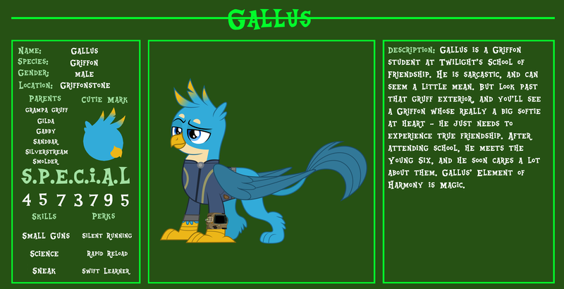 Size: 11720x6000 | Tagged: safe, artist:ponygamer2020, derpibooru import, gallus, gryphon, fallout equestria, bio, clothes, cute, cutie mark, fallout, fallout equestria: character guide, gallabetes, happy, image, jumpsuit, male, pipboy, png, raised eyebrow, reference sheet, solo, s.p.e.c.i.a.l., vault suit, vector