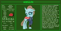 Size: 11720x6000 | Tagged: safe, artist:ponygamer2020, derpibooru import, ocellus, changedling, changeling, fallout equestria, bio, clothes, crossed legs, cute, cuteling, diaocelles, fallout, fallout equestria: character guide, female, image, jumpsuit, looking at you, pipboy, png, reference sheet, shy, smiling, solo, s.p.e.c.i.a.l., vault suit, vector