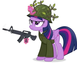 Size: 5137x4242 | Tagged: safe, artist:anime-equestria, derpibooru import, twilight sparkle, twilight sparkle (alicorn), alicorn, pony, absurd resolution, army, assault rifle, clothes, female, folded wings, glow, glowing horn, gun, helmet, horn, image, leaves, levitation, machine gun, magic, mare, multicolored mane, multicolored tail, png, purple eyes, rifle, shadow, simple background, soldier, solo, standing, tail, telekinesis, transparent background, tree branch, vector, weapon, wings