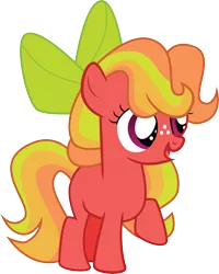 Size: 6066x7569 | Tagged: safe, artist:shootingstarsentry, derpibooru import, oc, oc:apple breeze, unofficial characters only, earth pony, pony, absurd resolution, bow, earth pony oc, female, filly, foal, freckles, full body, hair bow, image, multicolored mane, multicolored tail, offspring, open mouth, open smile, parent:big macintosh, parent:sugar belle, parents:sugarmac, png, raised hoof, show accurate, simple background, smiling, solo, standing, tail, transparent background