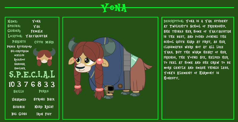 Size: 11720x6000 | Tagged: safe, artist:ponygamer2020, derpibooru import, yona, yak, fallout equestria, bio, clothes, cloven hooves, cute, fallout, fallout equestria: character guide, female, image, jumpsuit, pipboy, png, reference sheet, solo, s.p.e.c.i.a.l., vault suit, vector, yonadorable