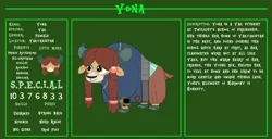 Size: 11720x6000 | Tagged: safe, artist:ponygamer2020, derpibooru import, yona, yak, fallout equestria, bio, clothes, cloven hooves, cute, fallout, fallout equestria: character guide, female, image, jumpsuit, pipboy, png, reference sheet, solo, s.p.e.c.i.a.l., vault suit, vector, yonadorable