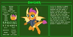 Size: 11720x6000 | Tagged: safe, artist:ponygamer2020, derpibooru import, smolder, dragon, fallout equestria, bio, claws, clothes, cute, dragoness, dragons wearing clothes, dragon wings, fallout, fallout equestria: character guide, female, flying, happy, image, jumpsuit, looking at you, open mouth, pipboy, png, reference sheet, smiling, smiling at you, smolderbetes, solo, s.p.e.c.i.a.l., teenaged dragon, teeth, vault suit, vector, wings
