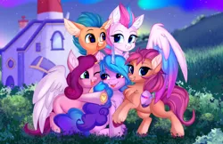 Size: 1342x869 | Tagged: safe, artist:pesty_skillengton, derpibooru import, hitch trailblazer, izzy moonbow, pipp petals, sunny starscout, zipp storm, earth pony, pegasus, pony, unicorn, aurora borealis, blurry background, cute, ear fluff, eyebrows, eyebrows visible through hair, female, g5, grass, grass field, heart, heart hoof, image, lighthouse, male, mane five (g5), mare, one eye closed, open mouth, open smile, png, smiling, stallion