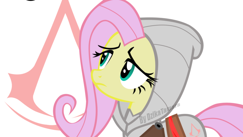 Size: 2732x1536 | Tagged: safe, artist:noctivage, derpibooru import, fluttershy, pegasus, pony, assassin, assassin's creed, fanart, image, parody, png, serious, serious face