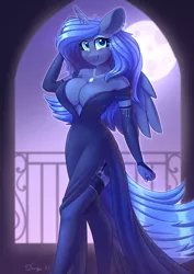 Size: 2480x3508 | Tagged: suggestive, artist:dandy, derpibooru import, princess luna, alicorn, anthro, :3, absolute cleavage, areola, areola slip, breasts, busty princess luna, cleavage, clothes, dress, ear fluff, ear piercing, erect nipples, evening gloves, eyeshadow, fingerless elbow gloves, fingerless gloves, garter straps, gloves, high res, horn, horn jewelry, image, jewelry, long gloves, looking at you, makeup, necklace, nipple outline, off shoulder, piercing, png, questionable source, raffle prize, side slit, smiling, socks, stockings, thigh highs, wings
