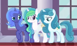 Size: 2252x1342 | Tagged: safe, artist:noctivage, derpibooru import, princess celestia, princess luna, queen chrysalis, pony, unicorn, fanfic, background, base used, canterlot castle, female, image, png, siblings, sisters, smiling, students, walking, worried