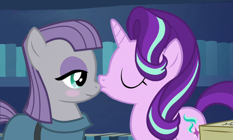 Size: 948x570 | Tagged: safe, artist:queenderpyturtle, derpibooru import, edit, edited screencap, screencap, maud pie, starlight glimmer, pony, female, image, kissing, lesbian, png, shipping, starmaud