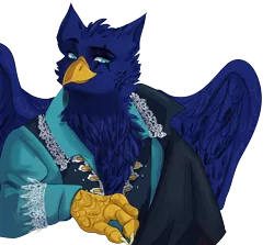 Size: 5595x5000 | Tagged: safe, artist:junne catt, derpibooru import, oc, oc:eid, unofficial characters only, gryphon, chest fluff, clothes, griffon oc, image, male, png, smiling, solo