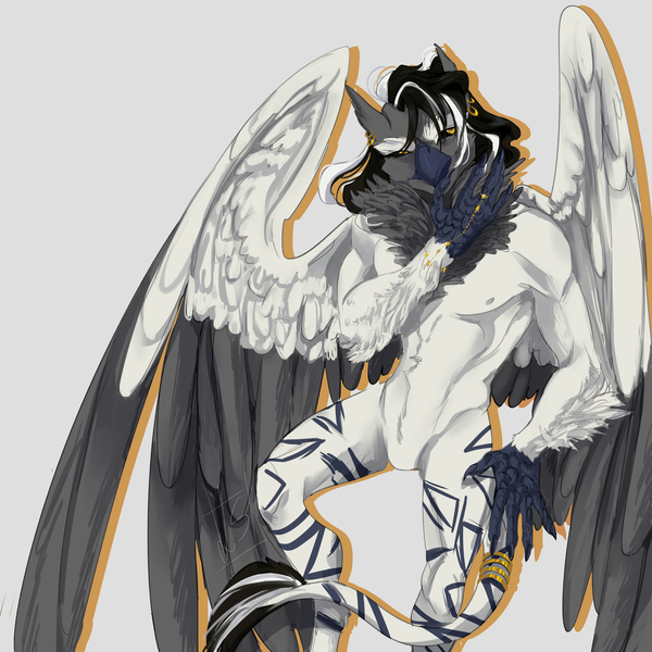 Size: 4000x4000 | Tagged: safe, artist:junne catt, derpibooru import, oc, oc:izulu musa, anthro, hippogriff, anthro oc, ear piercing, earring, golden eyes, hippogriff oc, image, jewelry, piercing, png, ring, tail, tail ring, wings