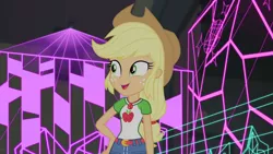 Size: 3410x1920 | Tagged: safe, derpibooru import, screencap, applejack, constructive criticism, equestria girls, equestria girls series, applejack's hat, belt, clothes, constructive criticism: photo finish, cowboy hat, cutie mark, cutie mark on clothes, denim skirt, female, geode of super strength, hand on hip, hat, image, jewelry, jpeg, magical geodes, necklace, open mouth, open smile, skirt, smiling, solo