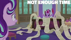 Size: 1280x720 | Tagged: safe, derpibooru import, edit, edited screencap, editor:quoterific, screencap, starlight glimmer, twilight sparkle, twilight sparkle (alicorn), alicorn, pony, unicorn, season 9, the beginning of the end, spoiler:s09, duo, female, image, jpeg, magic, mare, nose in the air, open mouth, school of friendship, telekinesis, volumetric mouth