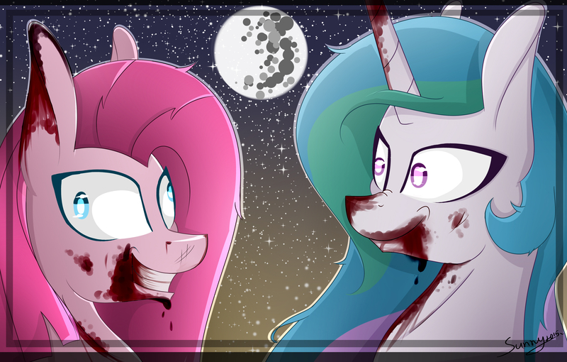 Size: 4300x2742 | Tagged: semi-grimdark, artist:herusann, derpibooru import, pinkie pie, alicorn, earth pony, pony, blood, duo, female, full moon, image, insanity, jpeg, mare, mare in the moon, moon, night, outdoors, pinkamena diane pie, smiling, stars, wide eyes