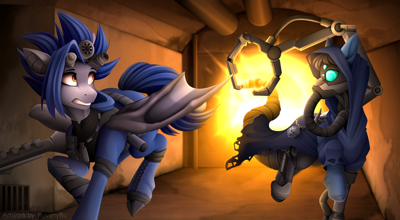 Size: 4755x2615 | Tagged: safe, artist:buvanybu, derpibooru import, oc, oc:dusk blade, oc:gear works, unofficial characters only, bat pony, cyborg, cyborg pony, earth pony, pony, armor, augmentation, augmented, augmented tail, bat pony oc, bat wings, clothes, crossover, danger, duo, duo male, earth pony oc, explosion, fanfic art, goggles, gun, image, male, night vision goggles, png, robe, robotic arm, running, servo arm, tail, techpriest, warhammer (game), warhammer 40k, weapon, wings