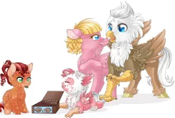 Size: 4634x3111 | Tagged: safe, artist:schokocream, derpibooru import, oc, unofficial characters only, gryphon, hippogriff, pegasus, pony, baby, baby pony, griffon oc, hippogriff oc, image, pegasus oc, png, raised hoof, simple background, smiling, white background, wings