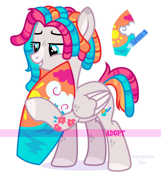 Size: 1280x1385 | Tagged: safe, artist:diana, artist:equmoria, derpibooru import, oc, pegasus, pony, adoptable, collaboration, dreadlocks, freckles, image, jpeg, simple background, solo, surfboard, tattoo, white background