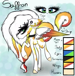 Size: 2225x2250 | Tagged: safe, artist:beamybutt, derpibooru import, oc, oc:saffron, unofficial characters only, pegasus, pony, choker, colored hooves, colored wings, ear fluff, ear piercing, earring, eyelashes, female, image, jewelry, mare, pegasus oc, piercing, png, raised hoof, reference sheet, two toned wings, wings
