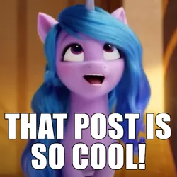 Size: 500x500 | Tagged: safe, derpibooru import, edit, screencap, izzy moonbow, pony, unicorn, my little pony: a new generation, spoiler:my little pony: a new generation, caption, castle, cropped, cute, female, g5, happy, image, image macro, izzybetes, looking at something, mare, motivational, png, smiling, solo, solo focus, text, zephyr heights