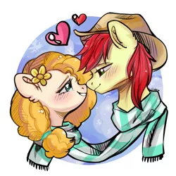 Size: 1181x1181 | Tagged: safe, artist:xi wen, derpibooru import, bright mac, pear butter, pony, apple family member, blushing, clothes, female, filly, image, love, png, scarf, sweethearts