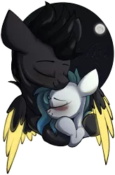 Size: 744x1134 | Tagged: safe, artist:arume_lux, derpibooru import, oc, oc:eldin, oc:ethereal pelagia, unofficial characters only, pegasus, pony, hug, image, moon, png, simple background, transparent background, winghug, wings