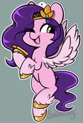 Size: 1378x2048 | Tagged: safe, artist:sakukitty, derpibooru import, pipp petals, pegasus, pony, eye clipping through hair, eyebrows, eyebrows visible through hair, female, flying, g5, gray background, image, jpeg, mare, mobile phone, one eye closed, open mouth, open smile, phone, simple background, smiling, solo, spread wings, wings, wink
