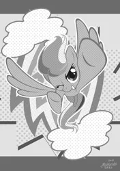 Size: 1280x1819 | Tagged: dead source, safe, artist:michiyoshi, derpibooru import, rainbow dash, pegasus, pony, 2013, cloud, female, flying, grayscale, image, jpeg, mare, monochrome, one eye closed, open mouth, open smile, smiling, solo, spread wings, wings, wink