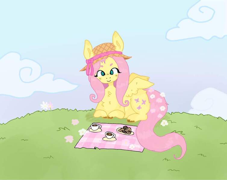 Size: 1024x815 | Tagged: safe, artist:zukii-drazu, derpibooru import, fluttershy, pegasus, pony, chest fluff, cookie, cup, cute, female, flower, flower in tail, food, grass, hat, image, jpeg, looking at you, lying down, mare, picnic blanket, plate, prone, shyabetes, solo, sun hat, tail, teacup, unshorn fetlocks