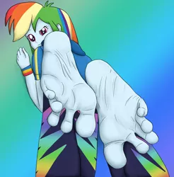 Size: 1600x1628 | Tagged: suggestive, artist:solecaliburn, derpibooru import, rainbow dash, human, equestria girls, barefoot, feet, fetish, foot fetish, image, jpeg, looking at you, looking back, soles, spreading, toes, wiggling toes