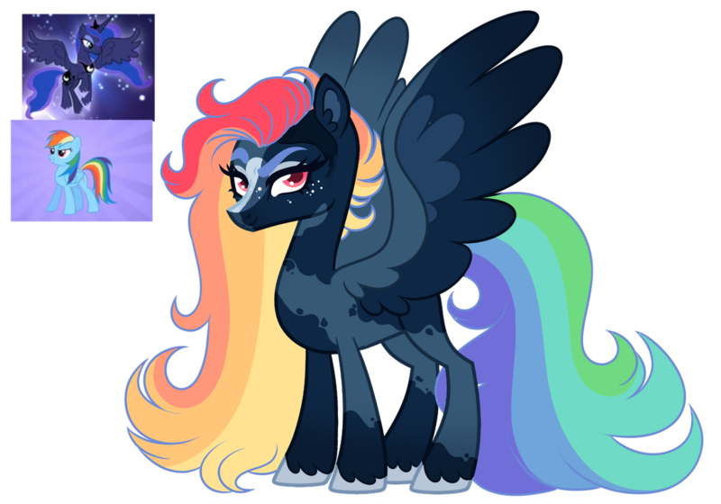 Size: 1280x896 | Tagged: safe, artist:transglimmer, derpibooru import, princess luna, rainbow dash, oc, alicorn, pegasus, pony, base used, female, image, large wings, magical lesbian spawn, mare, multicolored hair, offspring, parent:princess luna, parent:rainbow dash, parents:lunadash, pegasus oc, png, rainbow hair, simple background, transparent background, wings