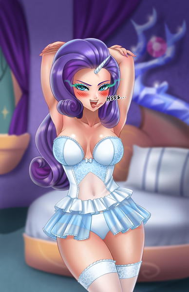 Size: 3037x4700 | Tagged: suggestive, artist:racoonsan, derpibooru import, rarity, thorax, human, arm behind head, breasts, clothes, disguise, disguised changeling, female, hissing, horn, humanized, image, open mouth, png, skirt, solo, solo female, tongue out, underwear