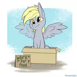 Size: 2000x2000 | Tagged: safe, artist:kirasunnight, derpibooru import, derpy hooves, pegasus, pony, box, female, high res, image, mare, png, pony in a box, sign, sitting, smiling, solo, spread wings, wings