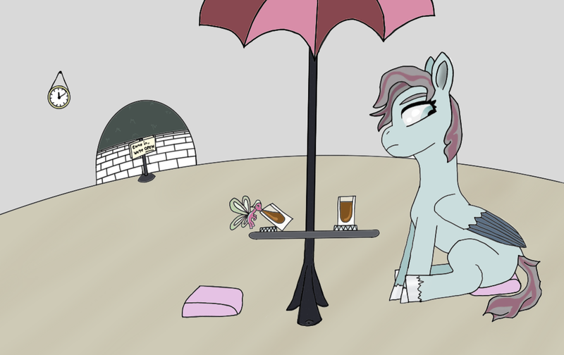 Size: 1080x681 | Tagged: safe, artist:twinet, derpibooru import, oc, oc:vanessa tonic, unofficial characters only, breezie, pegasus, pony, alcohol, clock, culture shock, female, g5, image, liquor, looking away, male, mare, mlp fim's eleventh anniversary, pegasus oc, png, restaurant, sitting, umbrella, wings