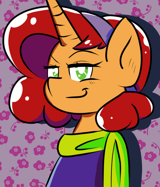 Size: 800x934 | Tagged: safe, alternate version, artist:tranzmuteproductions, derpibooru import, oc, oc:keyframe, unofficial characters only, pony, unicorn, abstract background, bust, clothes, cosplay, costume, crossover, daphne blake, female, horn, image, mare, png, scarf, scooby doo, smiling, smirk, solo, unicorn oc