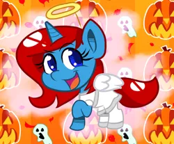 Size: 1024x847 | Tagged: safe, artist:tranzmuteproductions, derpibooru import, oc, unofficial characters only, alicorn, ghost, pony, undead, :d, alicorn oc, angel, halloween, halo, holiday, horn, image, jack-o-lantern, open mouth, open smile, png, pumpkin, smiling, solo, wings