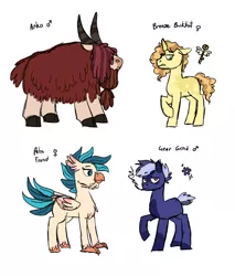 Size: 1280x1501 | Tagged: safe, artist:queenderpyturtle, derpibooru import, oc, oc:arko, oc:bronze buckshot, oc:gear grind, oc:palm frond, classical hippogriff, earth pony, hippogriff, pony, unicorn, yak, female, image, jpeg, mare, simple background, white background