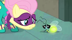 Size: 1280x720 | Tagged: safe, derpibooru import, screencap, fluttershy, saddle rager, firefly (insect), insect, pegasus, pony, power ponies (episode), season 4, female, image, mane, mare, png, power ponies, sad