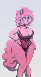 Size: 683x1280 | Tagged: suggestive, artist:riipley, derpibooru import, pinkie pie, anthro, semi-anthro, arm hooves, big breasts, breasts, busty pinkie pie, cleavage, clothes, collar, curvy, disproportional anatomy, female, hoof hands, hourglass figure, huge breasts, image, incorrect hand anatomy, jpeg, looking at you, one-piece swimsuit, simple background, sketch, solo, solo female, swimsuit, tiny torso, white background