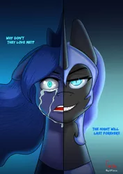 Size: 3307x4677 | Tagged: safe, artist:sforce, derpibooru import, nightmare moon, princess luna, alicorn, pony, crying, female, image, open mouth, png, sharp teeth, solo, teeth