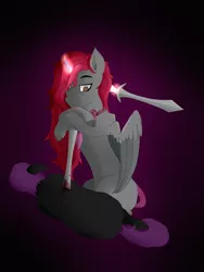 Size: 1224x1632 | Tagged: semi-grimdark, artist:dvfrots, derpibooru import, oc, alicorn, pony, alicorn oc, blood, corpse, dark skin, dead, female, filly, grey skin, horn, image, knife, looking at you, magic, png, pony oc, ponytail, ponytails, simple background, smiling, smiling at you, underhoof, wings