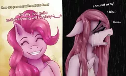 Size: 3588x2160 | Tagged: safe, artist:shamziwhite, derpibooru import, pinkie pie, anthro, earth pony, bust, crying, depression, duality, female, happy, image, png, portrait, sad, smiling, solo, text