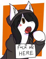 Size: 624x803 | Tagged: suggestive, artist:albynsfw, artist:texas_toasttwt, derpibooru import, oc, oc:mod pone the mod, unofficial characters only, earth pony, pony, asking for it, beanie, beanie hat, blushing, clothes, earth pony oc, eye clipping through hair, eyebrows, eyebrows visible through hair, eyelashes, female, hair over one eye, hat, hoodie, image, imminent blowjob, imminent oral, imminent sex, jpeg, open mouth, pointing, sign, simple background, solo, solo female, text, vulgar