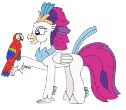 Size: 2807x2448 | Tagged: safe, artist:supahdonarudo, derpibooru import, queen novo, bird, classical hippogriff, hippogriff, macaw, parrot, scarlet macaw, my little pony: the movie, happy, image, perching, pet, png, simple background, transparent background