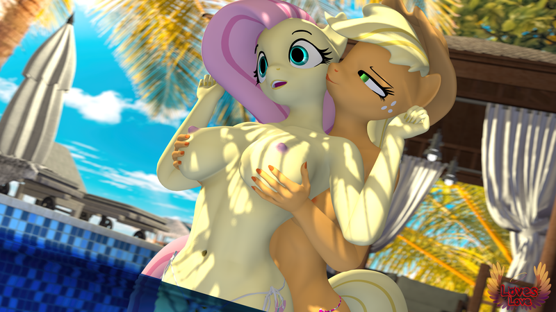 Size: 7680x4320 | Tagged: questionable, alternate version, artist:loveslove, derpibooru import, applejack, fluttershy, anthro, earth pony, pegasus, 3d, absurd file size, absurd resolution, alternate character, applejack's hat, appleshy, beach, bikini, bikini bottom, breast grab, breasts, clothes, cloud, commission, commissioner:nerothewizard, cowboy hat, female, females only, grope, hat, image, kissing, kiss on the cheek, lesbian, nipples, nudity, outdoors, partial nudity, png, shipping, source filmmaker, surprised, surprise kiss, swimming pool, swimsuit, topless, wingless, wingless anthro