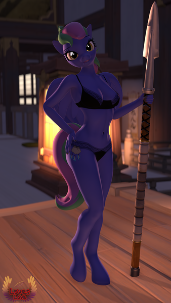 Size: 4320x7680 | Tagged: suggestive, artist:loveslove, derpibooru import, oc, oc:lishka, unofficial characters only, anthro, pegasus, unguligrade anthro, 3d, absurd file size, absurd resolution, anthro oc, belly button, bra, breasts, clothes, commissioner:biohazard, eyebrows, eyelashes, female, hand on hip, image, looking at you, panties, pegasus oc, pinup, png, solo, solo female, source filmmaker, spear, tail, two toned mane, two toned tail, underwear, weapon, wings