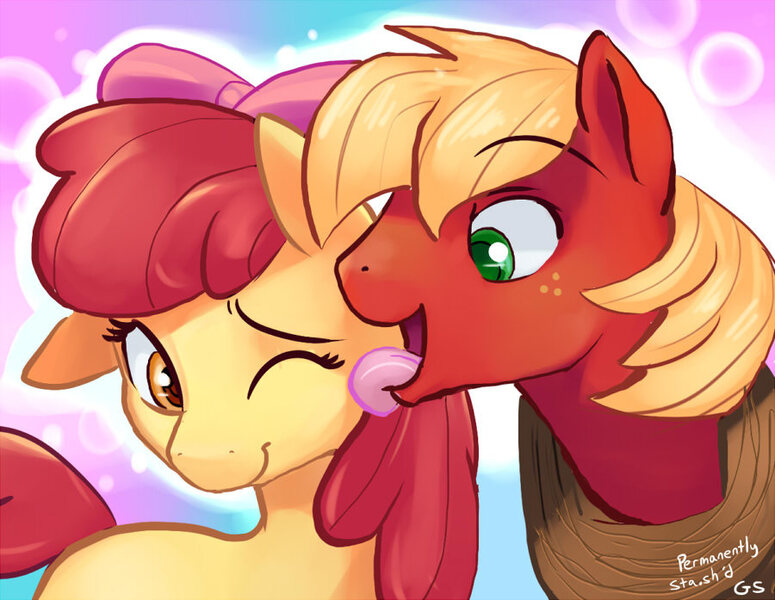 Size: 900x697 | Tagged: safe, artist:gsphere, derpibooru import, apple bloom, big macintosh, earth pony, pony, applecest, female, filly, image, incest, jpeg, licking, macbloom, male, shipping, siblings, stallion, straight, tongue out