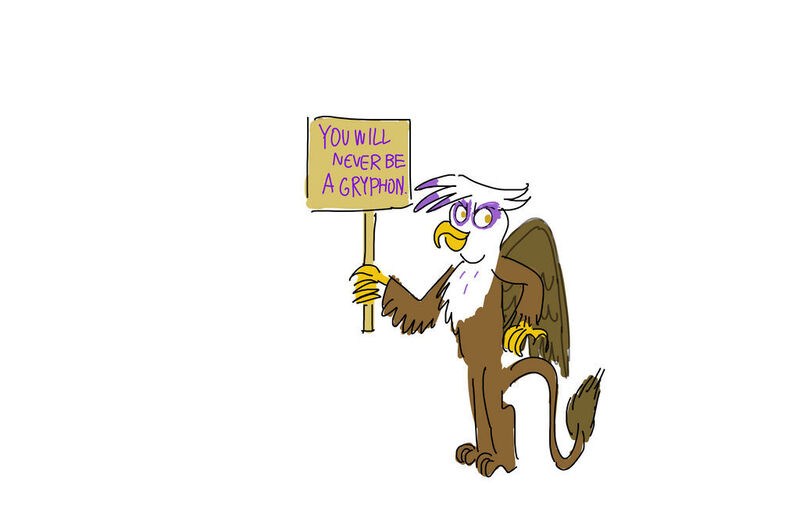 Size: 1024x656 | Tagged: safe, artist:horsesplease, derpibooru import, gilda, gryphon, anti-bronybait, bipedal, bronybait, doodle, holding a sign, image, jpeg, reality ensues, reality sucks, smiling, smirk, smug