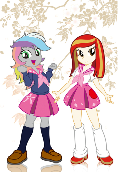 Size: 626x909 | Tagged: safe, artist:michiyoshi, derpibooru import, oc, oc:poniko, oc:rokuchan, unofficial characters only, equestria girls, clothes, duo, female, image, japan ponycon, jpeg, open mouth, open smile, shirt, shoes, skirt, smiling, socks, uniform