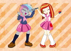 Size: 1044x753 | Tagged: safe, artist:michiyoshi, derpibooru import, oc, oc:poniko, oc:rokuchan, unofficial characters only, equestria girls, band, castanets, clothes, duo, eyes closed, female, image, japan ponycon, jpeg, microphone, open mouth, open smile, shirt, shoes, singing, skirt, smiling, socks