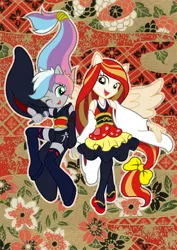 Size: 596x842 | Tagged: safe, artist:michiyoshi, derpibooru import, oc, oc:poniko, oc:rokuchan, unofficial characters only, equestria girls, bow, clothes, detached sleeves, dress, duo, female, hair bow, holding hands, image, japan ponycon, jpeg, microphone, one eye closed, open mouth, open smile, ponied up, shirt, shorts, smiling, spread wings, wings, wink