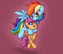 Size: 3538x3013 | Tagged: safe, artist:background basset, derpibooru import, rainbow dash, scootaloo, pegasus, pony, female, filly, flying, happy, high res, image, looking at each other, mare, multicolored hair, multicolored mane, multicolored tail, open mouth, open smile, png, purple eyes, rainbow hair, rainbow tail, scootalove, smiling, spread wings, tail, wings